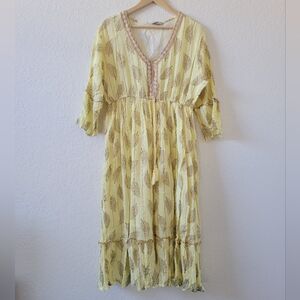 Yellow Leaf-Print V-Neck Boho Midi Dress 3X